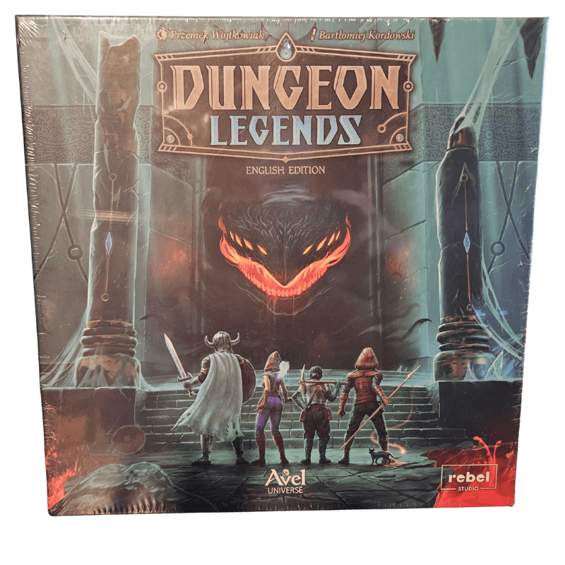 Dungeon Legends - A Fantasy Adventure board game box featuring characters in a fantasy setting.