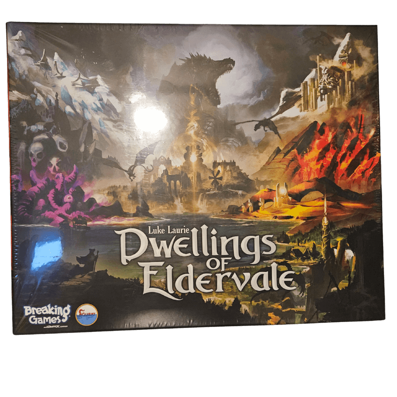 Dwellings of Eldervale - Strategy, Adventure & Fantasy for 1-5 Players board game box cover by Luke Laurie.