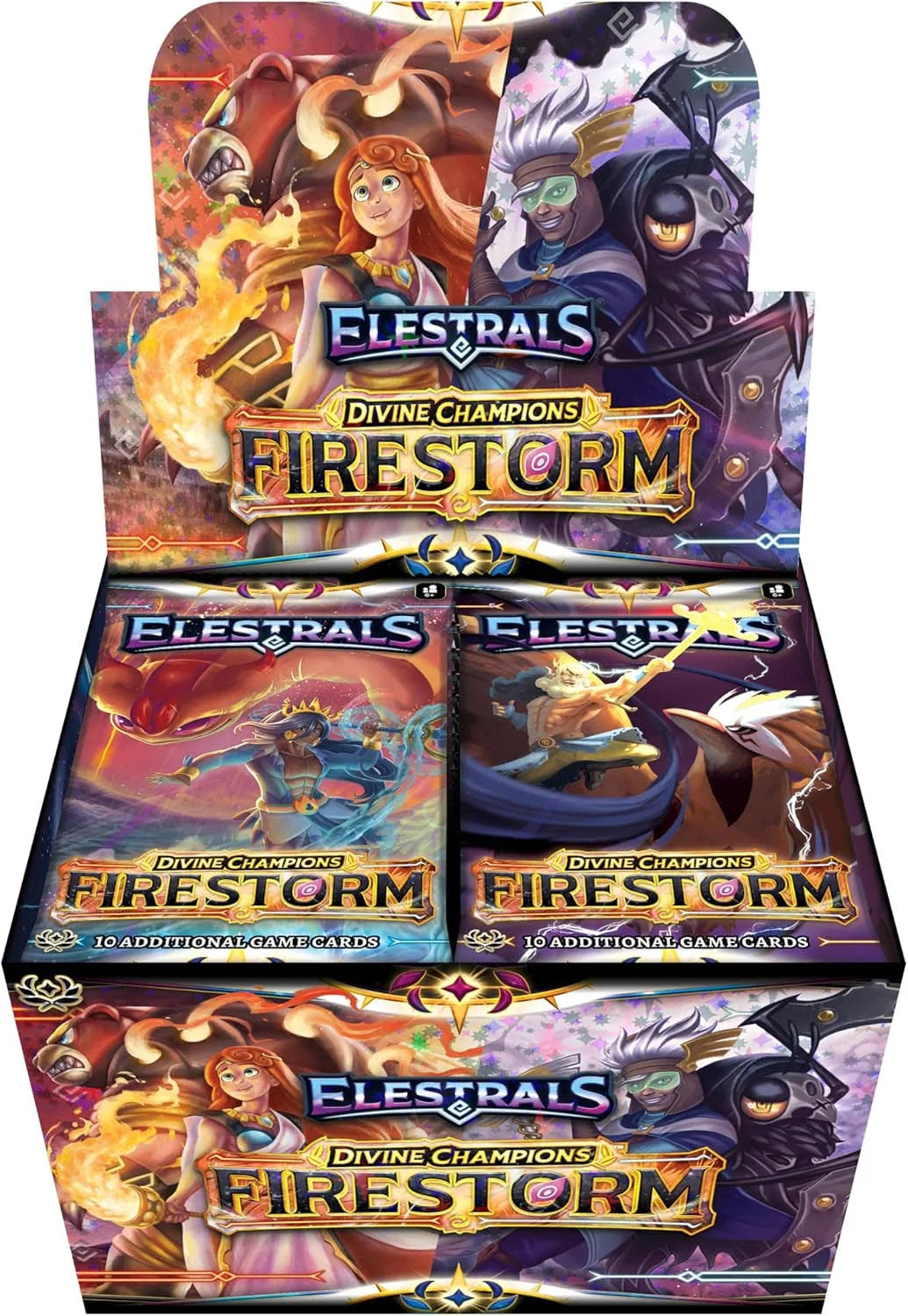 Elestrals: Firestorm: Booster Display showcasing game packs with vibrant artwork and champions.