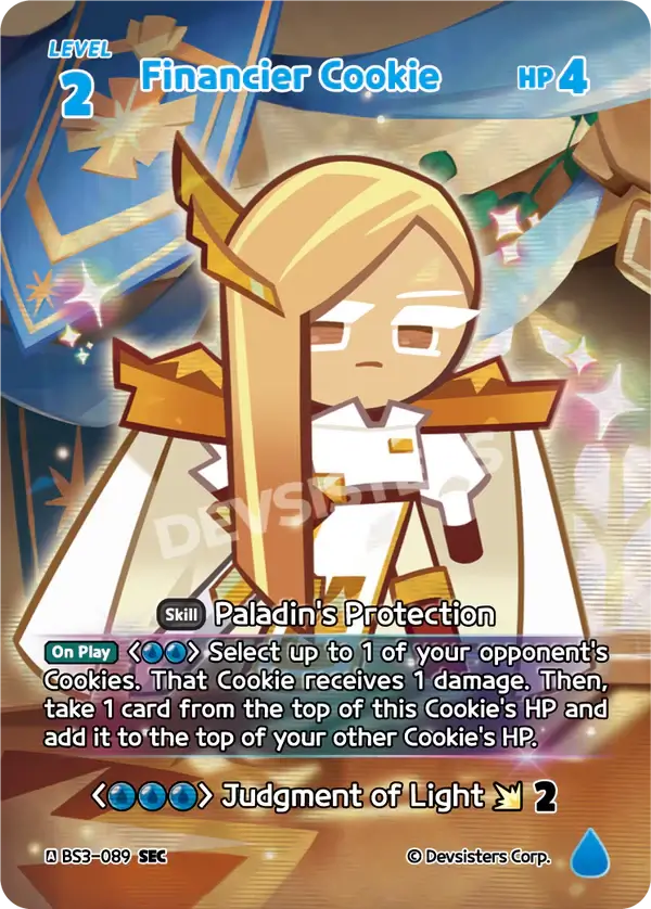 Financier Cookie BS3-089 SEC | Secret Card featuring Paladin's Protection skill and Judgment of Light.