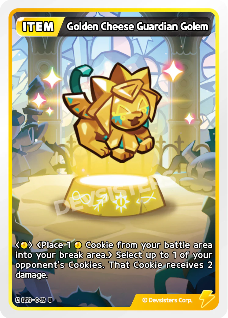 Golden Cheese Guardian Golem BS3-042 U | Uncommon Card featuring a lion-like character with magical elements.