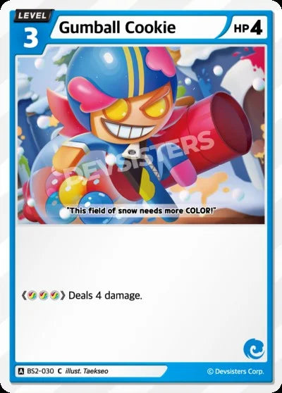 Gumball Cookie BS2-030 C | Common Card showing character with colorful gumballs and snow background, deals 4 damage.