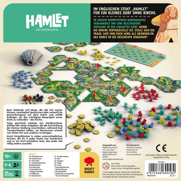 Hamlet The Village Building Board Game packaging back with tiles, resources, and game components laid out.