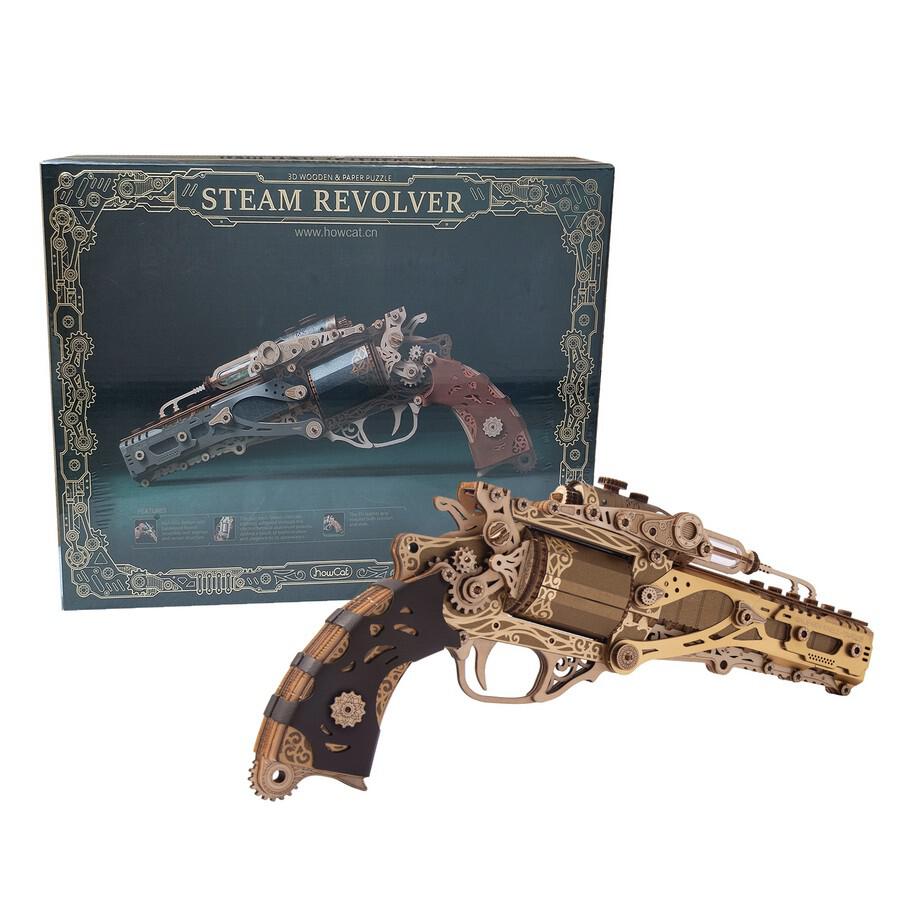 HowCat Steampunk Revolver Gold DIY 3D Wooden & Paper Puzzle displayed in its box showcasing intricate design.