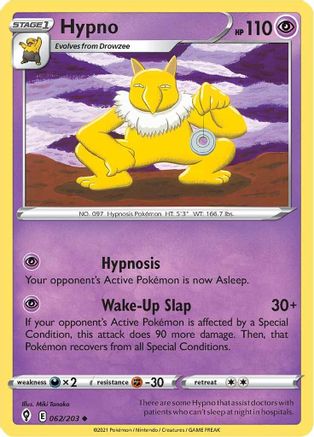 Hypno 062/203 - SWSH07 Evolving Skies card featuring Psychic type moves and 110 HP.