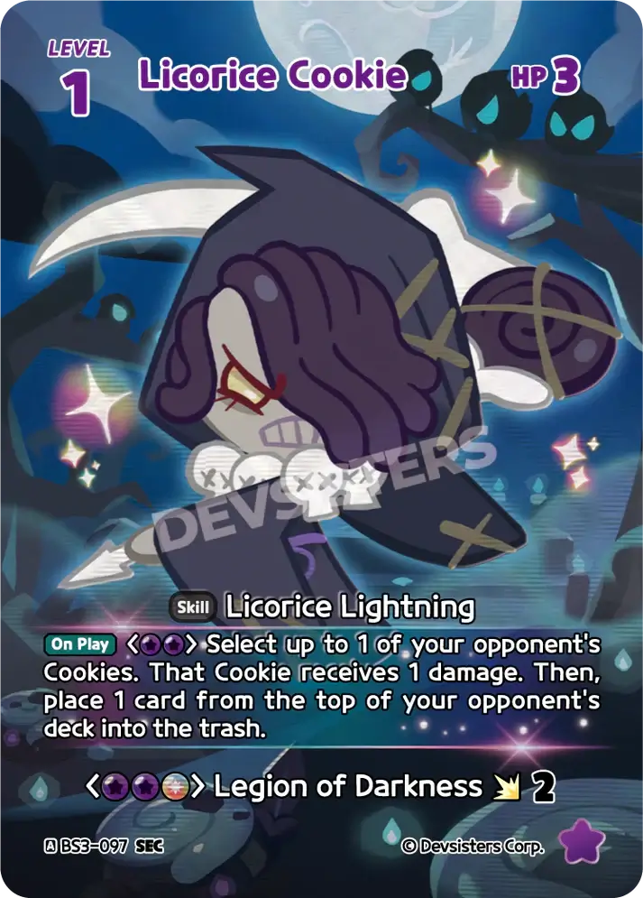 Licorice Cookie (BS3-097) SEC – Brave Adventure | Cookie Run TCG Secret Rare Card features Licorice Cookie's skill.