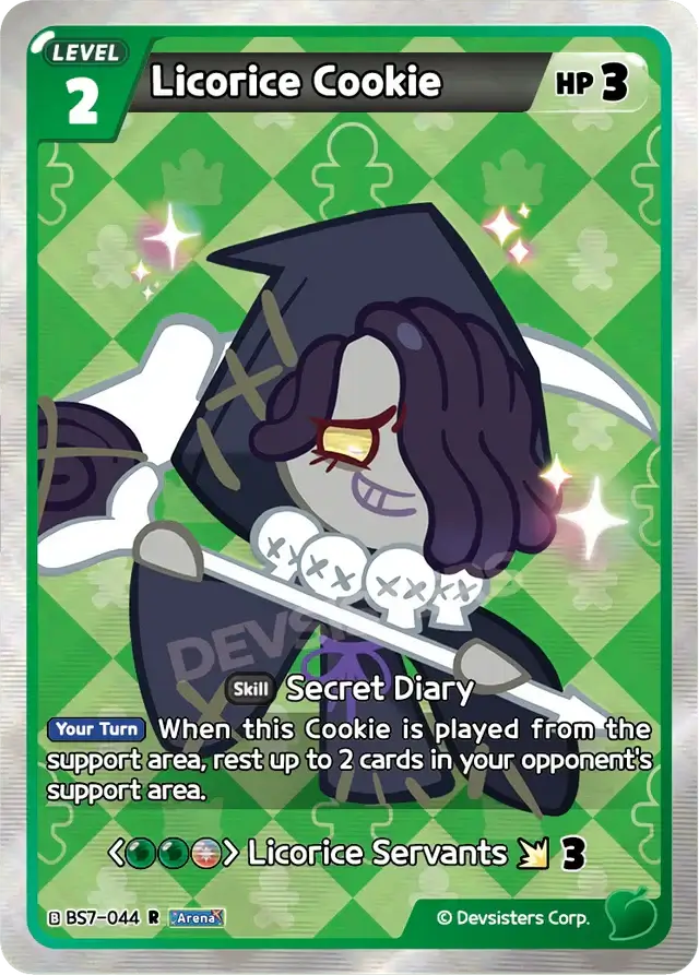 Licorice Cookie BS7-044 R character card featuring skill Secret Diary and Licorice Servants.