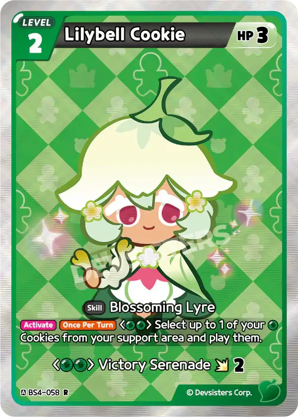 Lilybell Cookie BS4-058 R card featuring Blossoming Lyre and Victory Serenade skill.