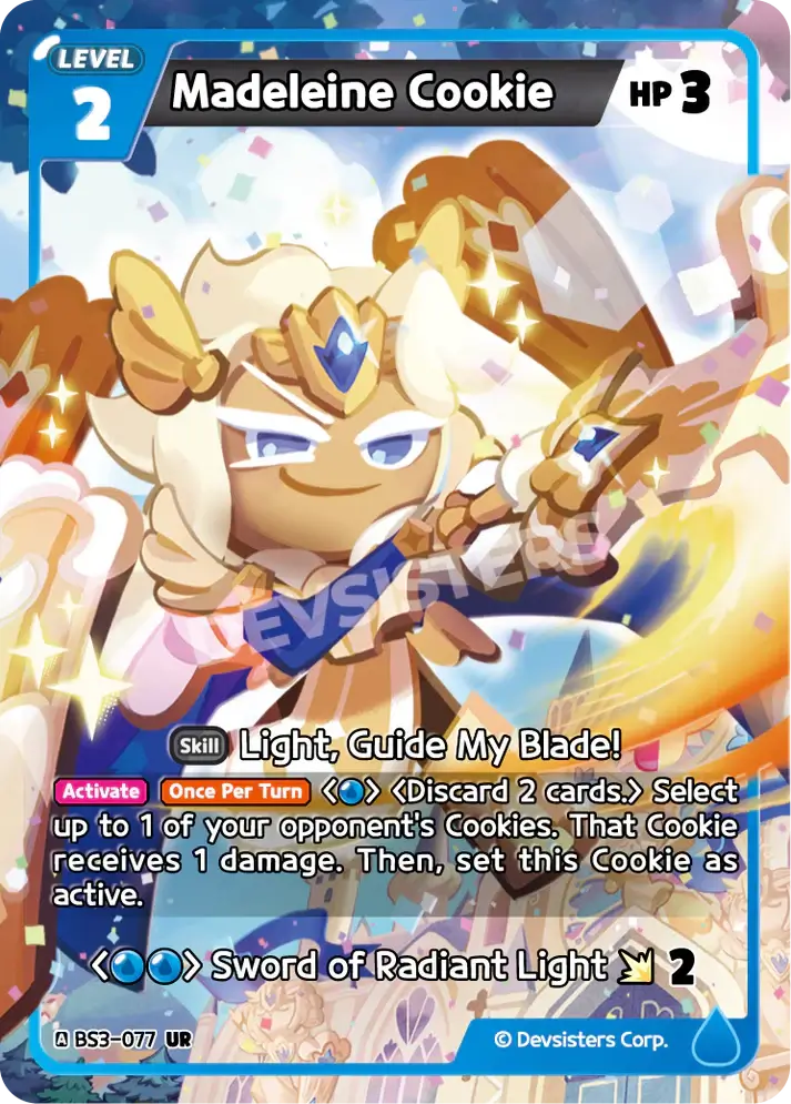 Madeleine Cookie (BS3-077) UR – Brave Adventure | Cookie Run TCG Ultra Rare Card featuring skills and stats.