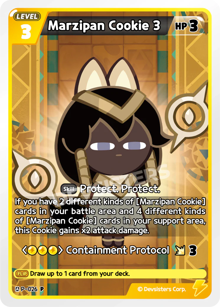 Marzipan Cookie 3 P-026 | Promo Card featuring a cute character and gameplay details on a colorful card.