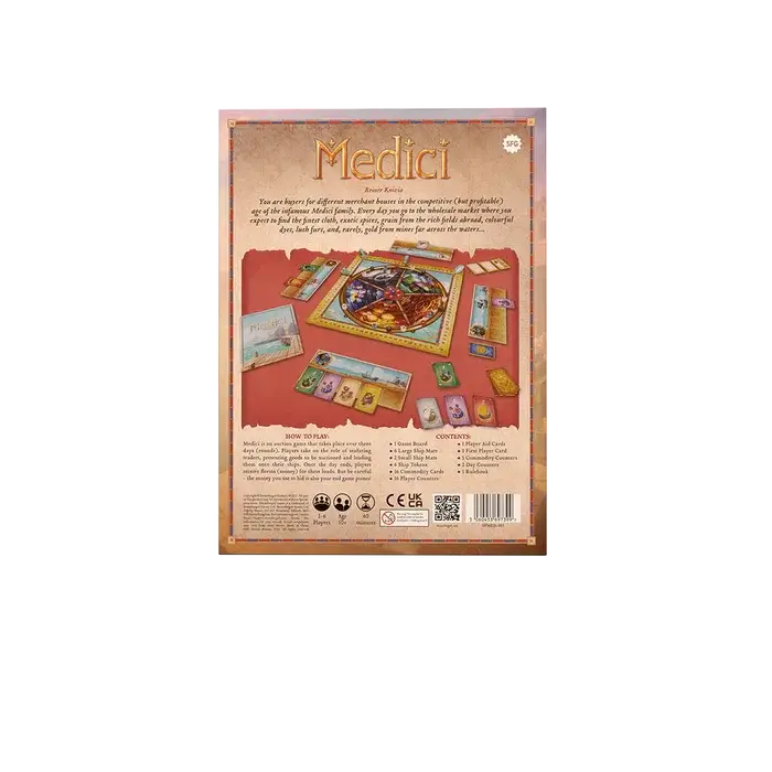 Medici: The Board Game box showing Renaissance-themed artwork and merchant trading visuals back