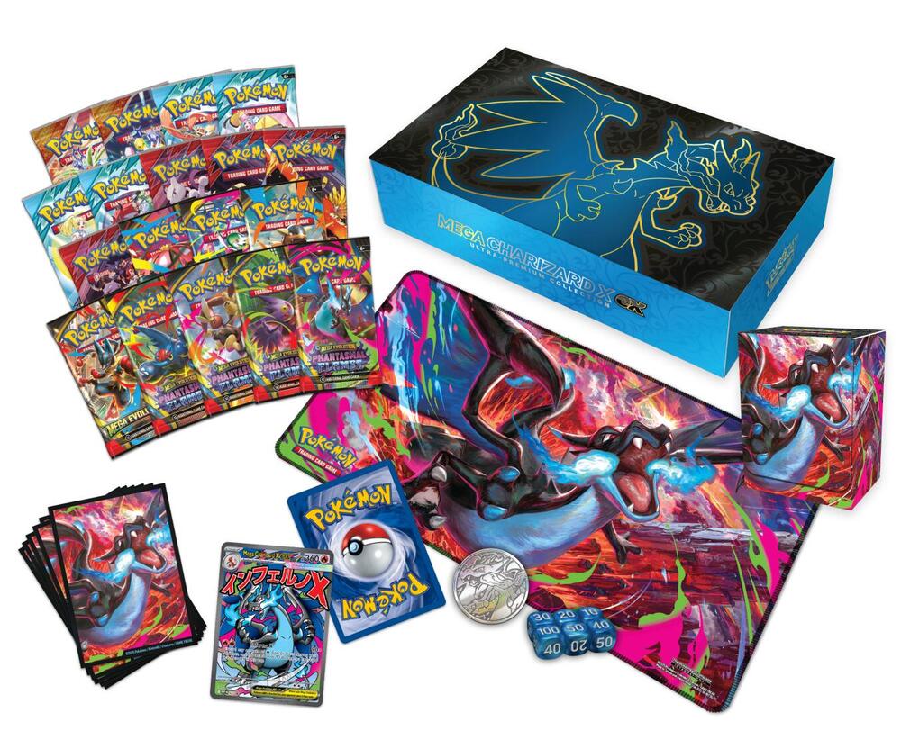 Mega Charizard Ultra Premium Collection featuring cards, playmat, and promo card for collectors.