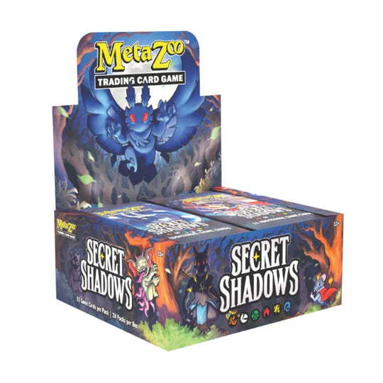 Metazoo Secret Shadows Booster Box featuring a dynamic, dark-themed design with cryptids and eerie atmosphere.