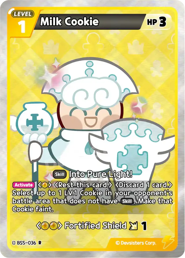 Milk Cookie BS5-036 R | Rare Card featuring a smiling character and abilities on a colorful background.