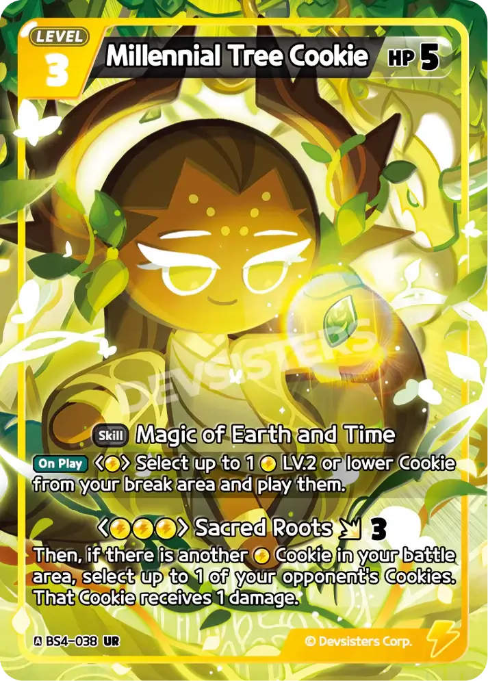 Millennial Tree Cookie (BS4-038) UR – Brave Sweet | Cookie Run TCG Ultra Rare Card featuring game stats and abilities.