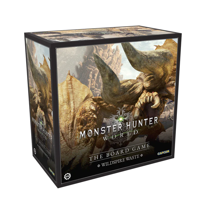 Monster Hunter World: Wildspire Waste board game box with monster miniatures, terrain pieces, and cooperative tabletop gameplay for 1–4 players