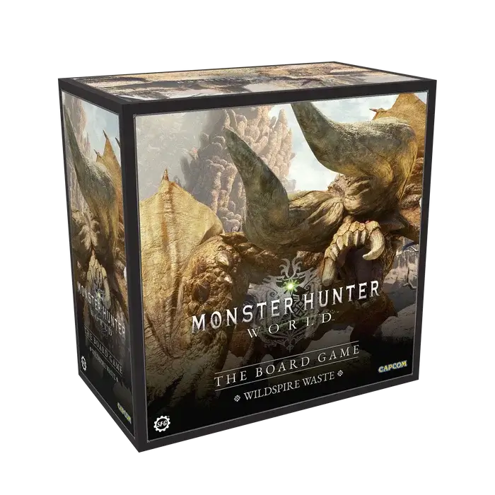 Monster Hunter World: Wildspire Waste board game box with monster miniatures, terrain pieces, and cooperative tabletop gameplay for 1–4 players