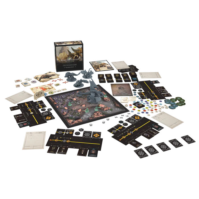Monster Hunter World: Wildspire Waste board game box with monster miniatures, terrain pieces, and cooperative tabletop gameplay for 1–4 players
