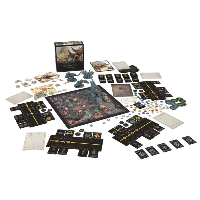 Monster Hunter World: Wildspire Waste board game box with monster miniatures, terrain pieces, and cooperative tabletop gameplay for 1–4 players