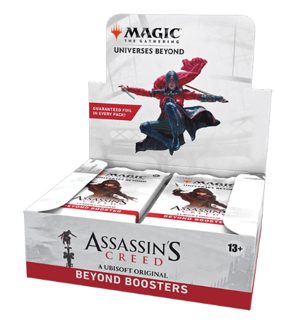 MTG: Universes Beyond- Assassin's Creed Beyond Booster Display featuring booster packs and art.