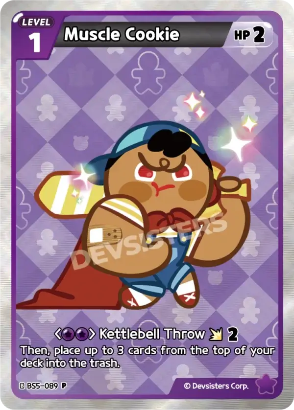 Muscle Cookie BS5-089 P | Promo Card featuring Level 1 Cookie and Kettlebell Throw ability.