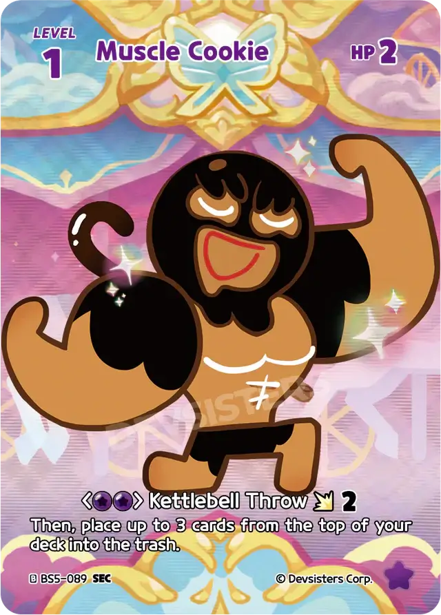 Muscle Cookie BS5-089 SEC | Secret Rare Card featuring Kettlebell Throw ability with premium foil treatment.