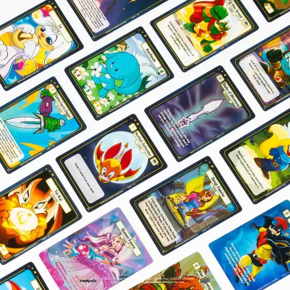 Neopets Battledome TCG: Defenders of Neopia Booster Display showing various character cards.