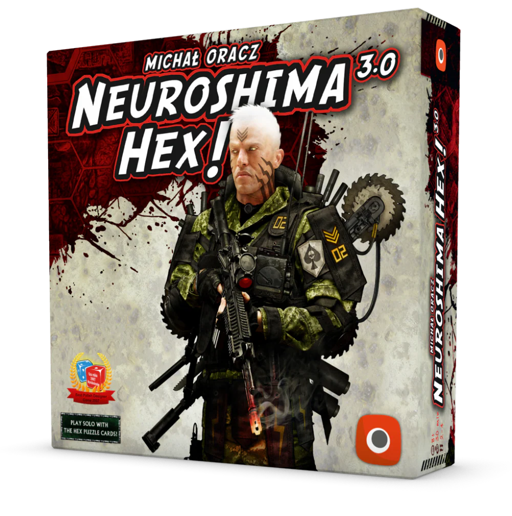 Neuroshima Hex! 3.0 with optional expansions game box featuring a soldier character in a post-apocalyptic setting.