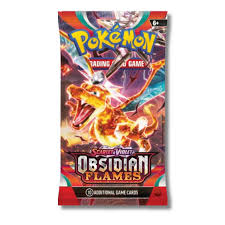 Pokémon Scarlet & Violet Obsidian Flames Booster Pack with fiery artwork and characters.