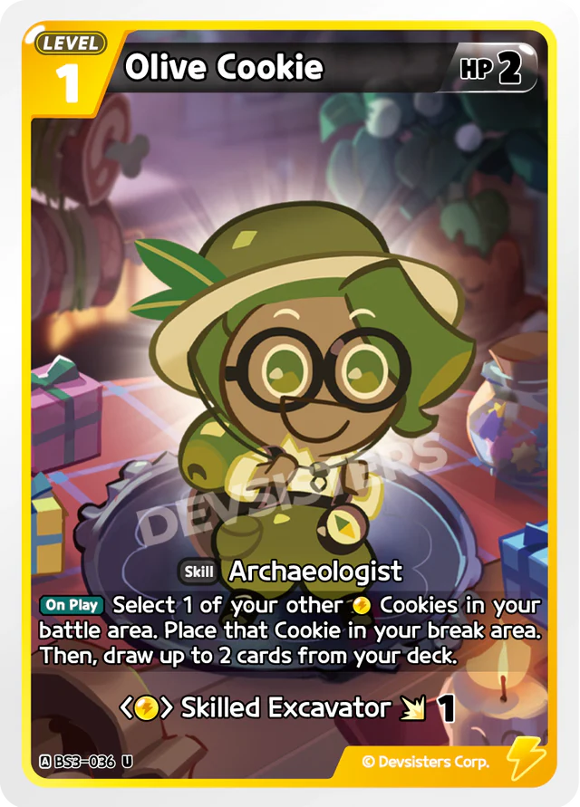 Olive Cookie BS3-036 U | Uncommon Card featuring an Archaeologist character with playful design.