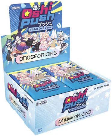 Oshi Push Vtuber Card Game Booster Box featuring colorful artwork and booster packs.