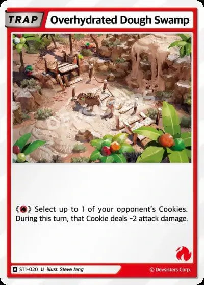 Overhydrated Dough Swamp ST1-020 | Uncommon Card illustration featuring a swampy terrain and elements of strategy.