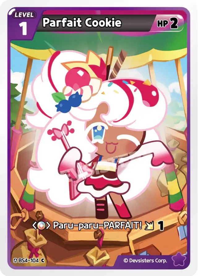 Parfait Cookie BS4-104 C | Common Card showcasing a character with pink hair and colorful accessories in a vibrant setting.