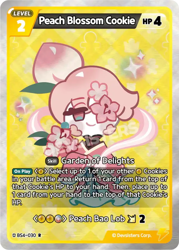Peach Blossom Cookie BS4-030 R | Rare Card featuring HP and abilities on a colorful background.