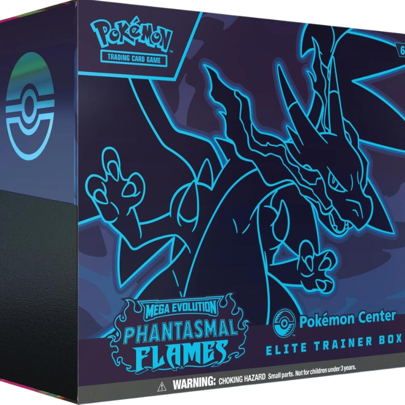 Phantasmal Flame Elite Trainer Box - Pokemon Center Exclusive featuring Mega Charizard and vibrant blue flames.
