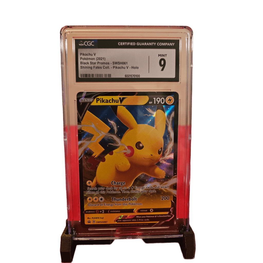 Pikachu V 2021 SWSH061 CGC 9 collectible card in display case with grading label.