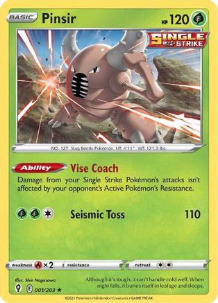 Pinsir 001/203 - SWSH07 Evolving Skies Reverse Holofoil card showcasing its ability and attack stats.