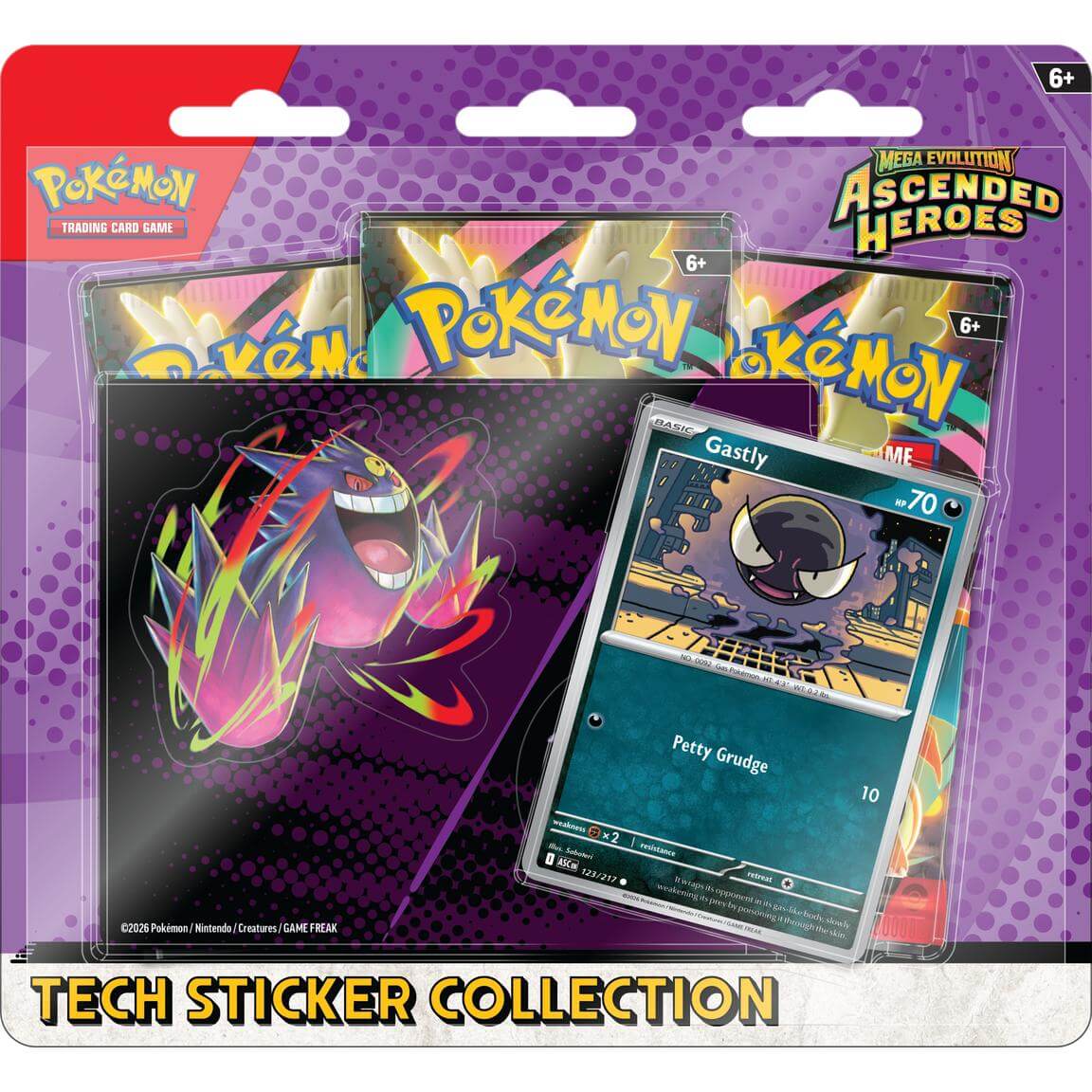 Pokemon Ascended Heroes Tech Sticker Collection featuring Gastly promo card and tech stickers.