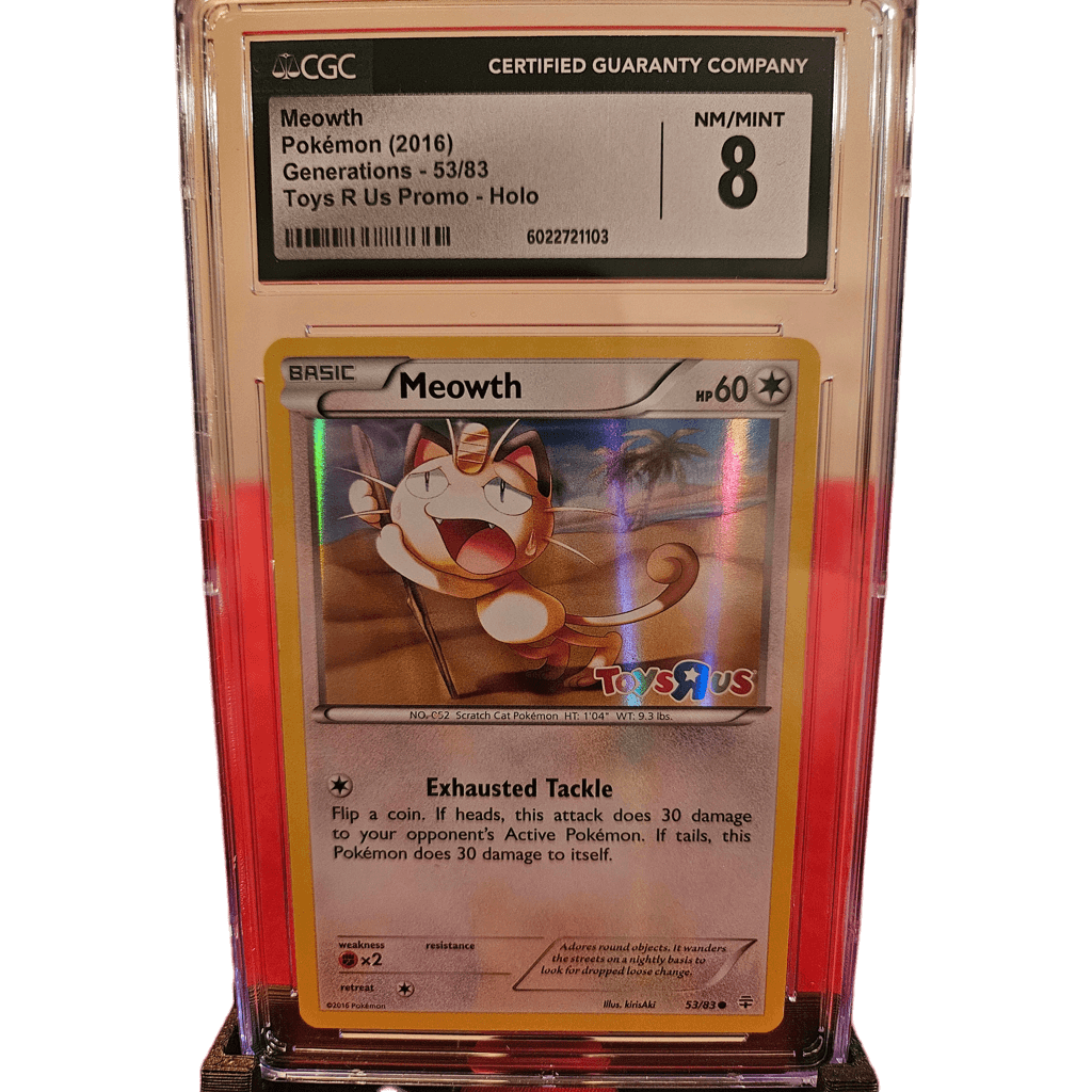 Pokemon Meowth 2016 53/83 CGC 8 in protective casing with Toys R Us Promo details.