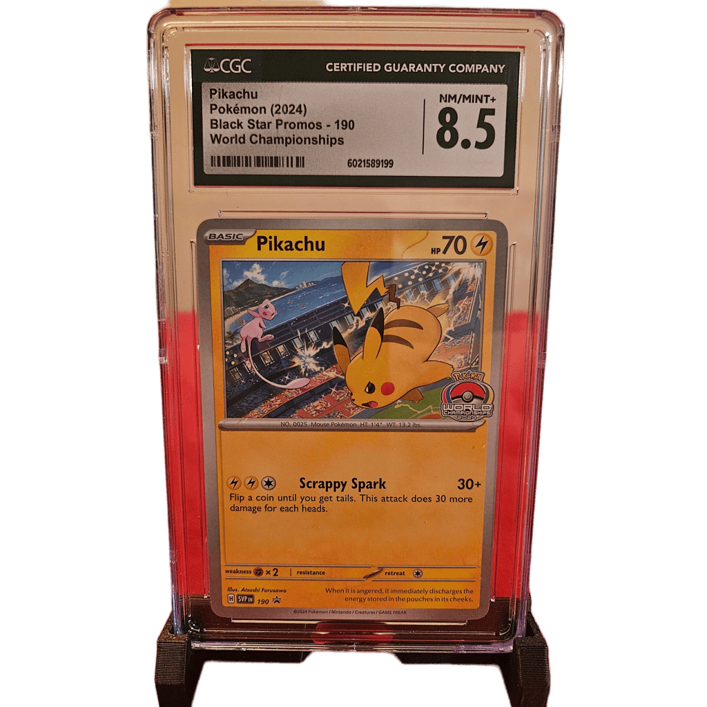 Pokemon Pikachu 2024 190 CGC 8.5 card displayed in a protective case, showcasing its high grade.