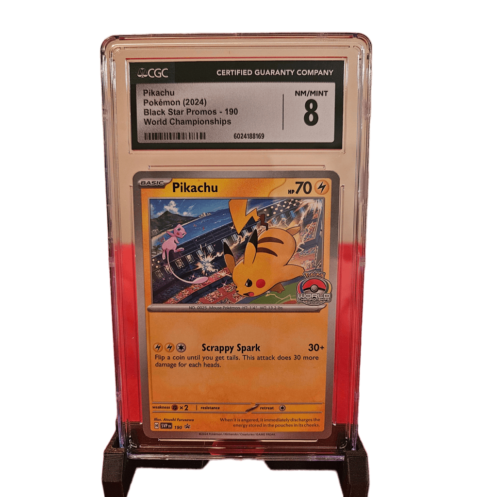 Pokemon Pikachu 2024 190 CGC 8 in protective display case, graded 8, collectible card