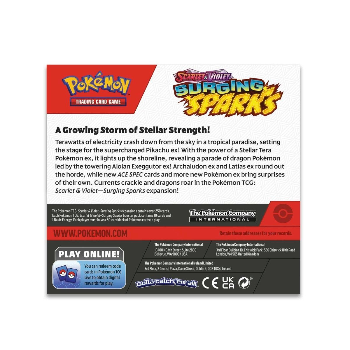 Pokemon Scarlet & Violet-Surging Sparks Booster Display Box back design featuring Pikachu ex and dragon Pokémon.
