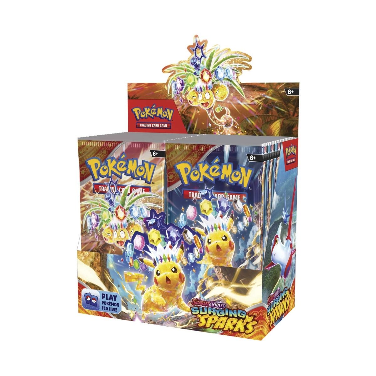 Pokemon Scarlet & Violet-Surging Sparks Booster Display Box featuring Pikachu and dragon Pokémon artwork.