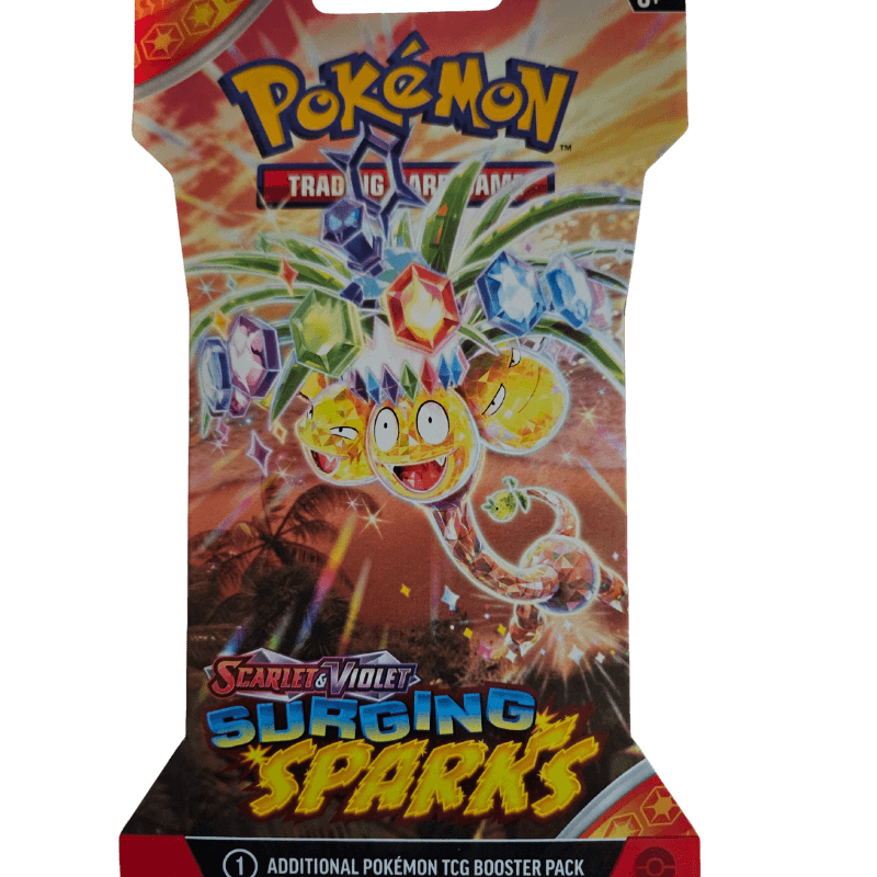 Pokemon Scarlet & Violet - Surging Sparks - Sleeved Booster Pack featuring vibrant Pikachu ex design.