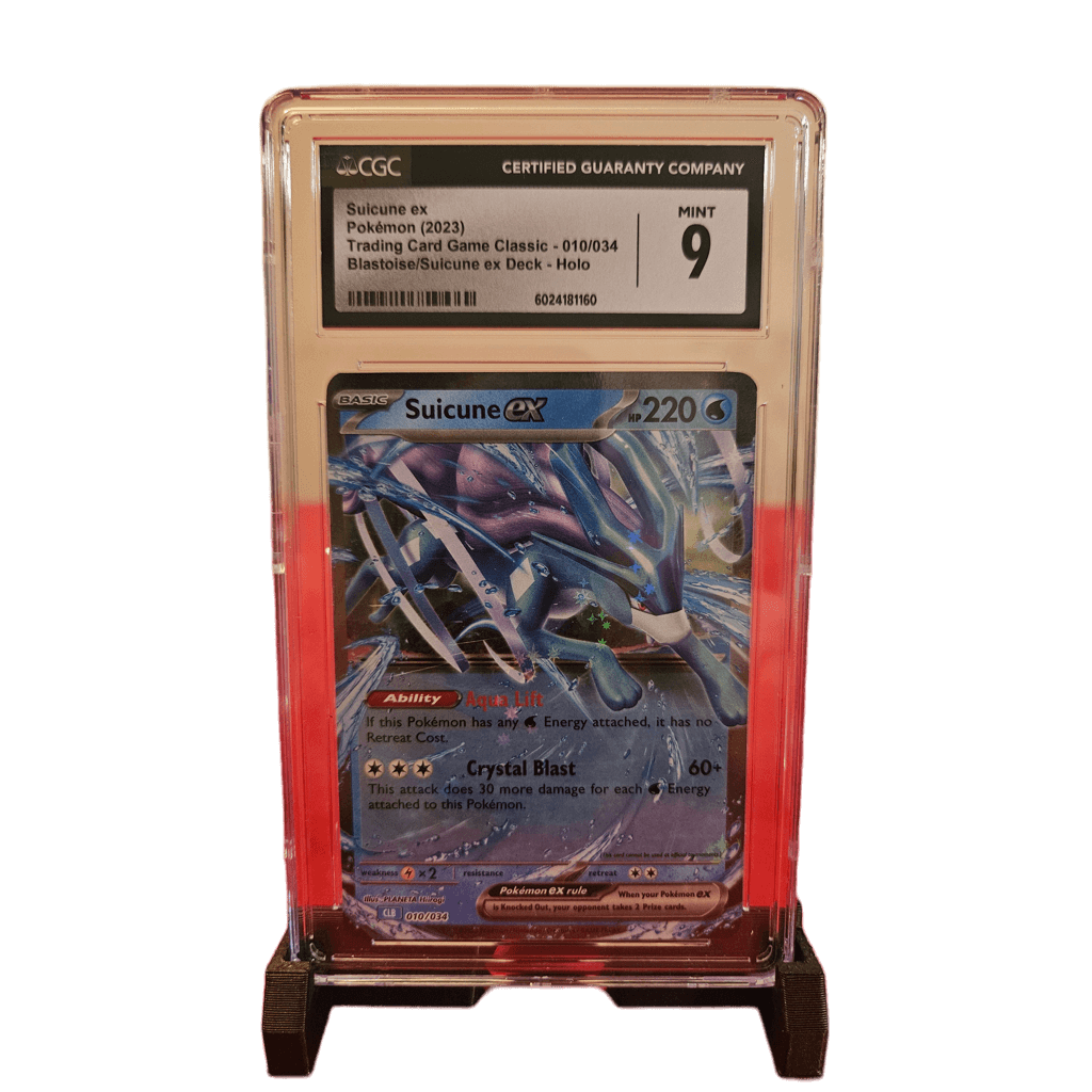 Pokemon Suicune Ex 2023 010/034 CGC 9 collectible card in mint condition displayed in a protective case.