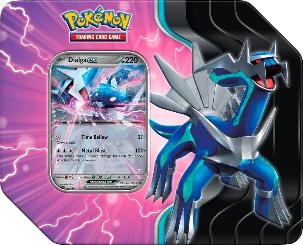 Pokémon Azure Legends Dialga Ex Tin featuring Dialga EX card with blue and pink background