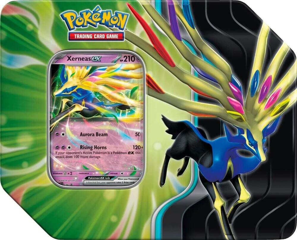 Pokémon Azure Legends Xerneas Ex Tin featuring Xerneas EX card with vibrant colors and powerful abilities.