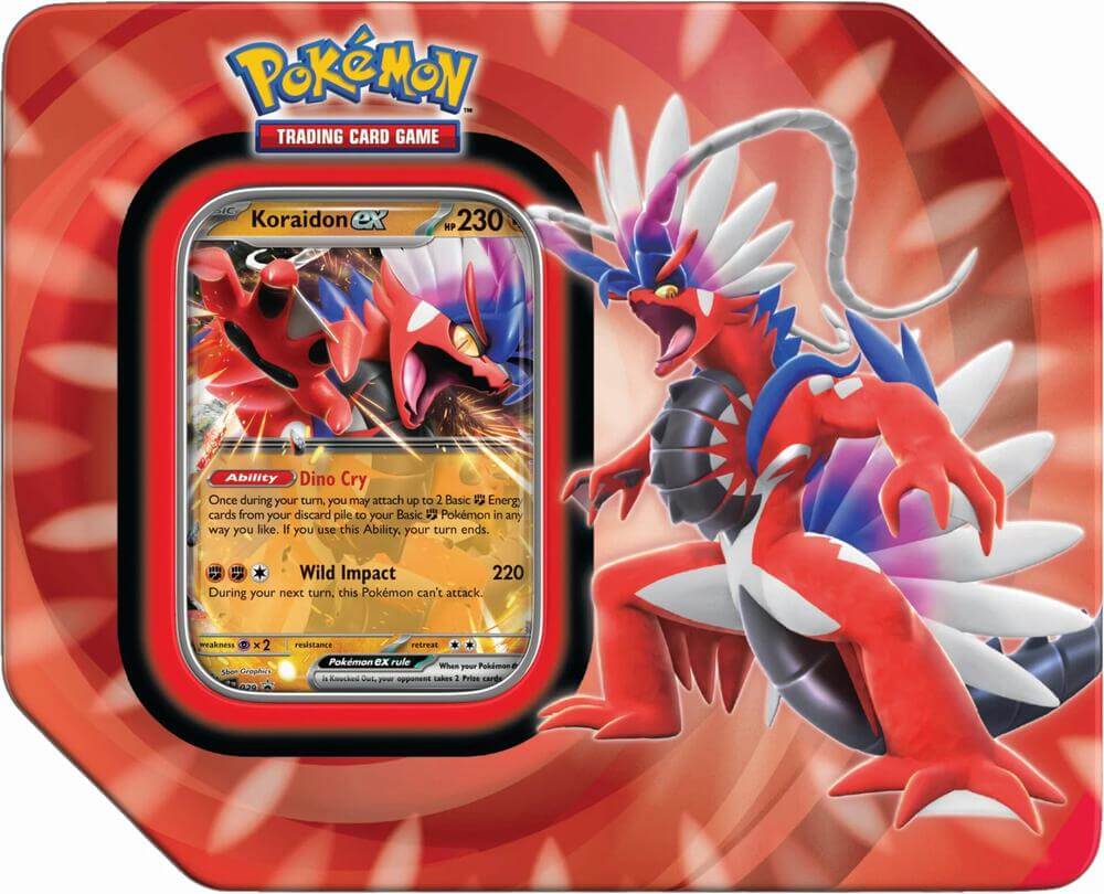 Pokémon Paldea Legends Koraidon ex Tin featuring Koraidon ex card with powerful abilities and vibrant artwork.