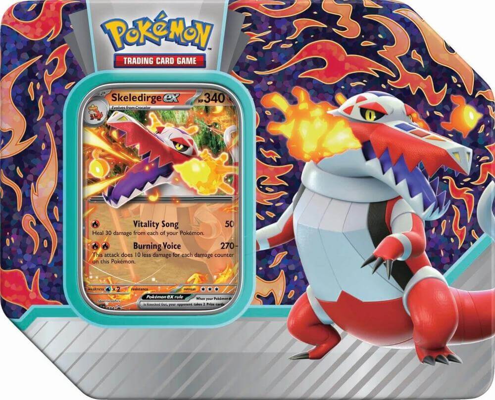 Pokemon Paldea Partners Skeledirge ex Tin featuring Skeledirge ex card and vibrant design.