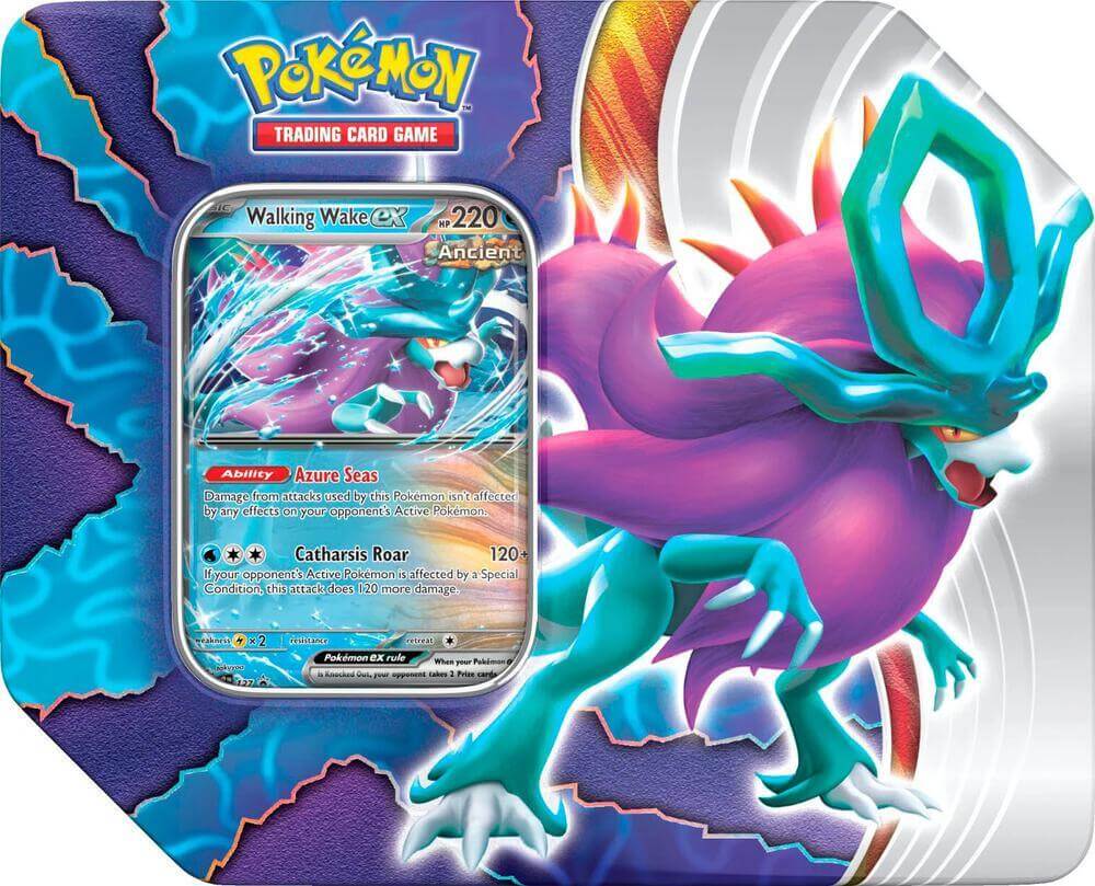 Pokémon Paradox Clash Walking Wake Ex Tin featuring Walking Wake card and vibrant artwork.